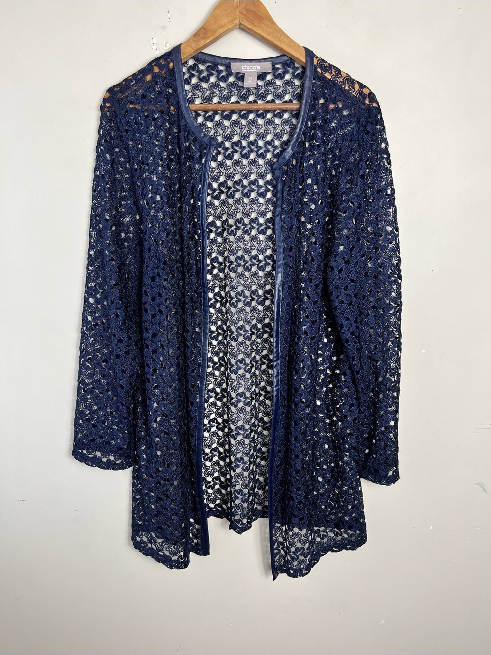 Chico's Navy Crochet Faux Leather Trim Long Sleeve Open Front Cardigan Size XL